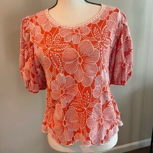 Orange Floral Scoop Neck Scalloped Hem Ballon Sleeve Top Size M